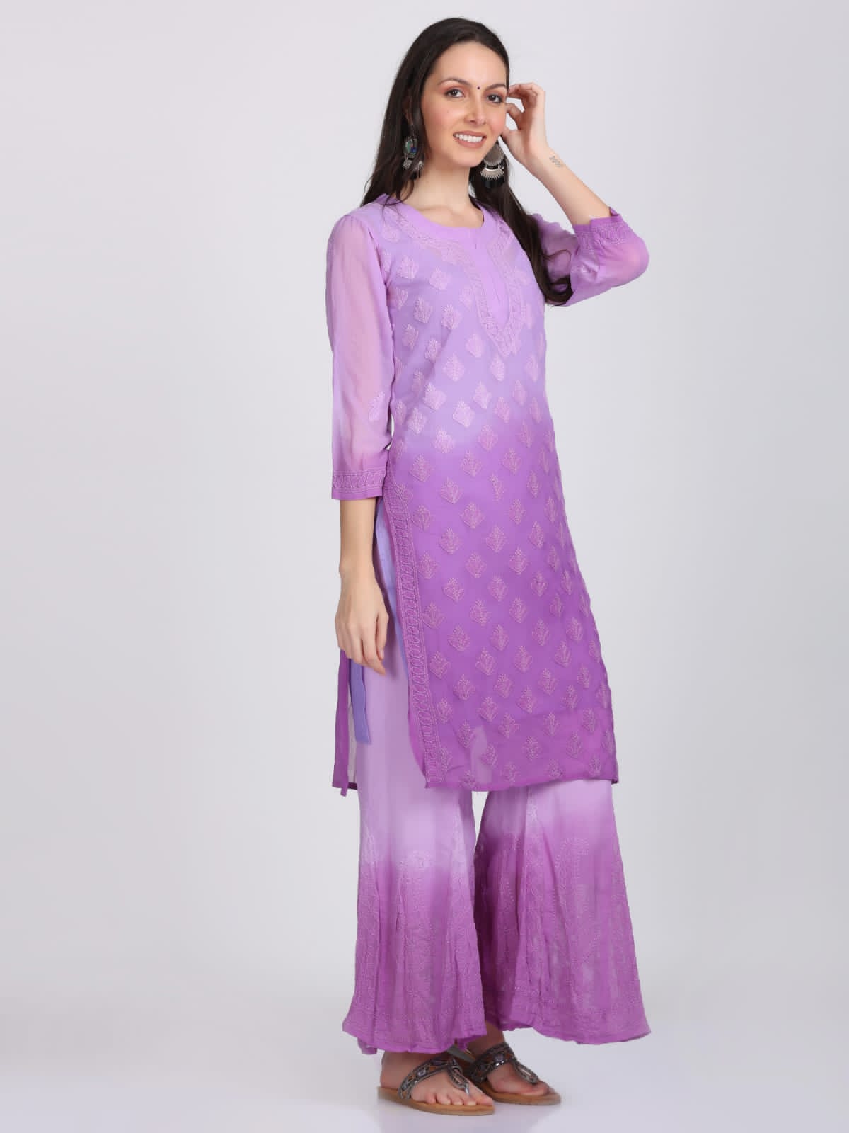 Chikankari Ombre Dyed Kurta,Sharara,Dupatta With Inner
